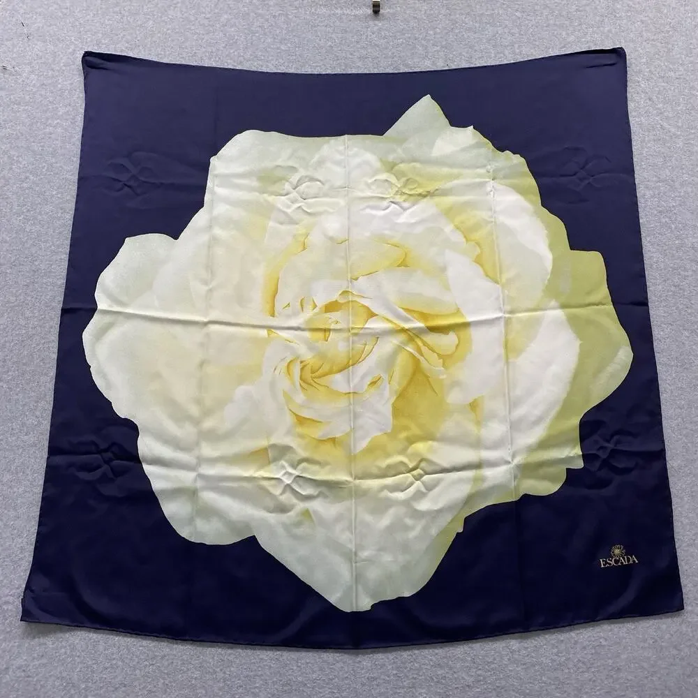 Escada 100% Silk Square Scarf White Rose Floral Navy Luxury Made In Italy Flower